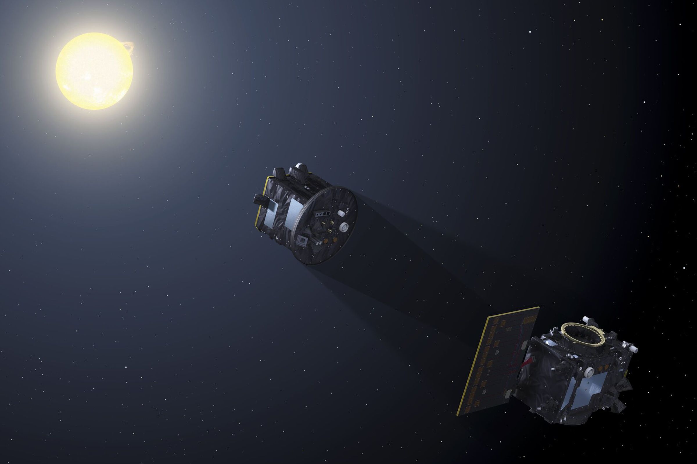 Proba-3's occulter blocks the Sun’s light for the coronagraph. Image: European Space Agency