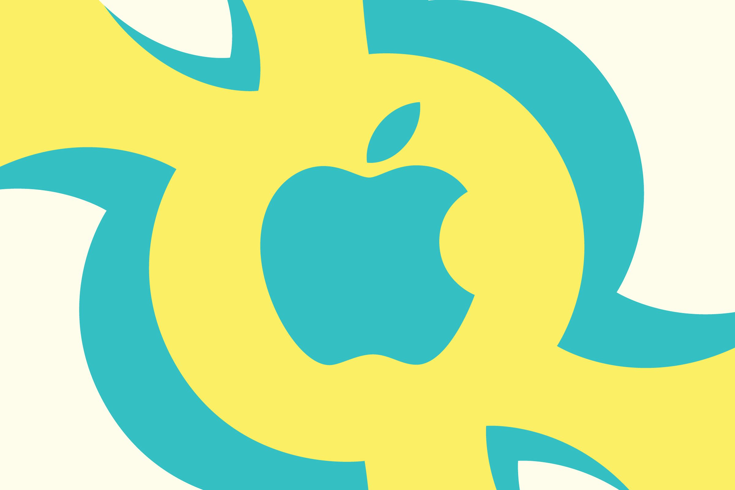 Ilustrasi logo Apple pada latar kuning dan tosca