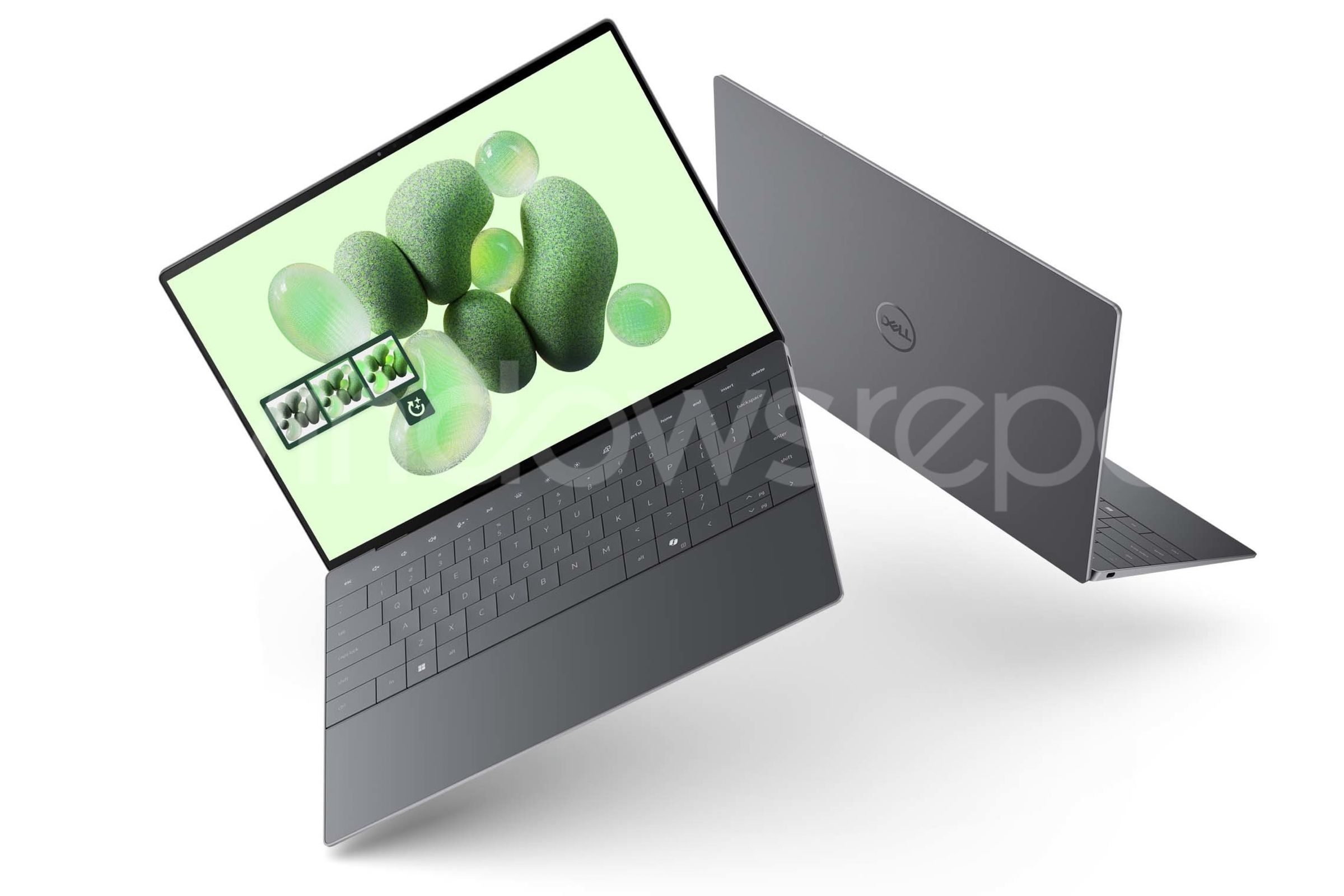 Laptop Dell melayang saling membelakangi dan terbuka menunjukkan ketipisannya, layar wallpaper hijau dengan balon, ada tombol copilot di baris bawah keyboard.