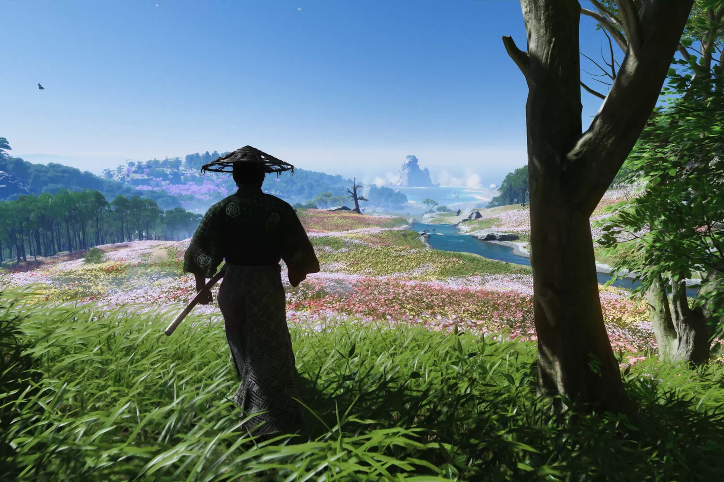 Tangkapan layar dari Ghost of Tsushima yang menunjukkan seorang karakter memandang hamparan luas, dengan bukit dan gunung di latar belakang.