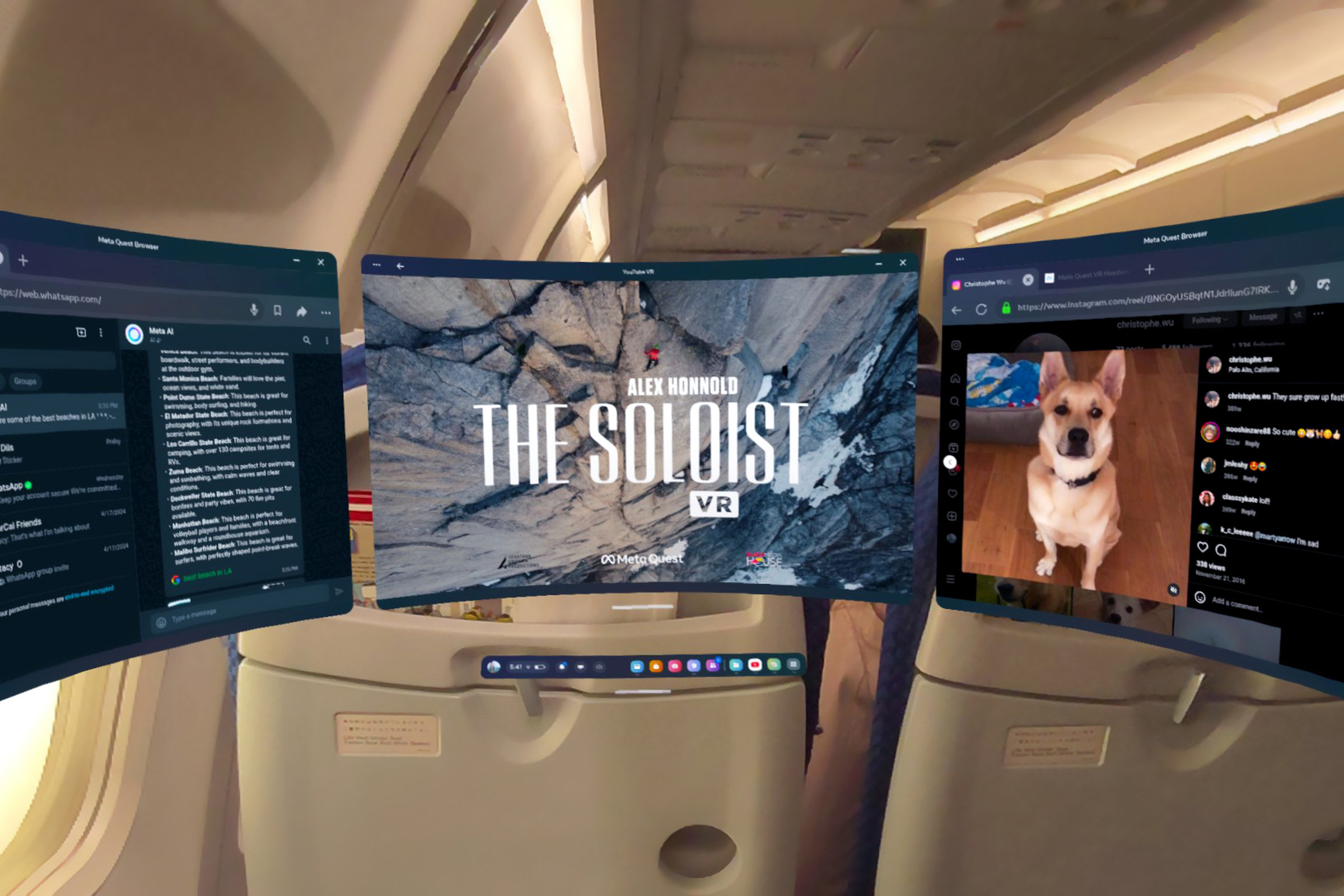 Tiga jendela virtual yang digunakan di Quest Passthrough pada pesawat terbang.
