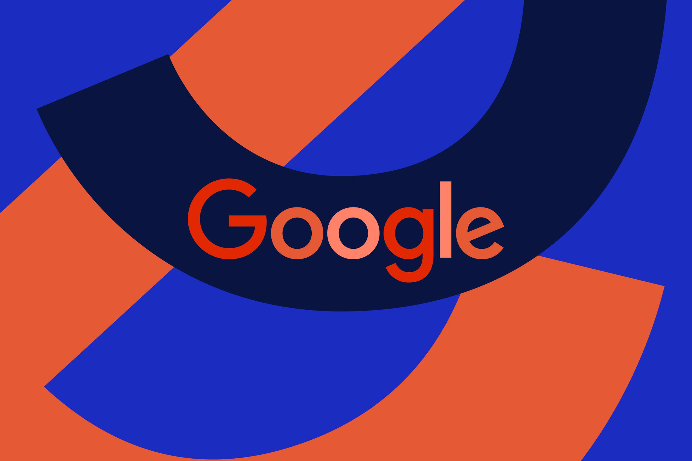 Ilustrasi logo Google, ditulis dalam warna merah dan merah muda dengan latar belakang biru tua.