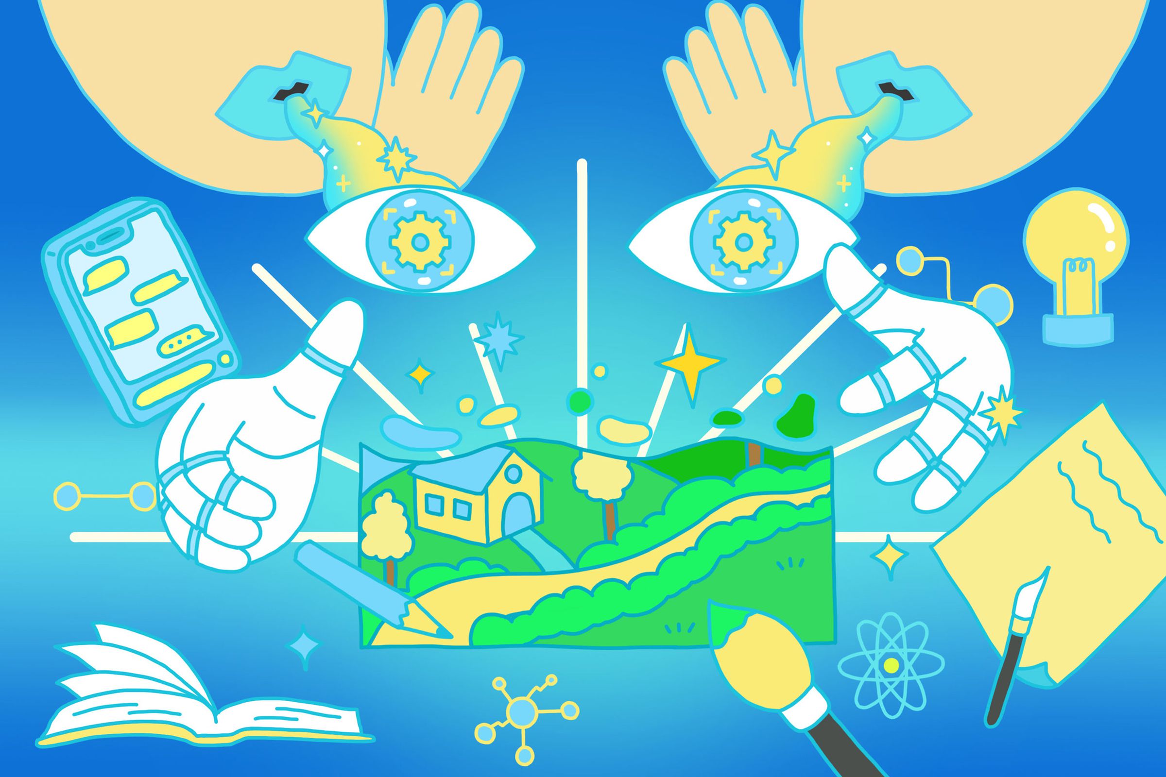 Sebuah grafis psychedelic yang menampilkan kumpulan item seperti kuas, buku, pesan telepon, dan notepad untuk merepresentasikan AI generatif. Sepasang mata dan tangan besar terlihat di tengah gambar.