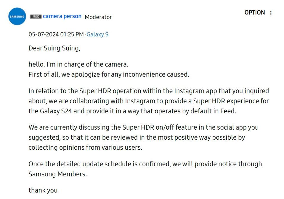 Moderator komunitas Samsung menjelaskan rencana perusahaan untuk menerapkan tombol on/off untuk fungsi Super HDR di Instagram