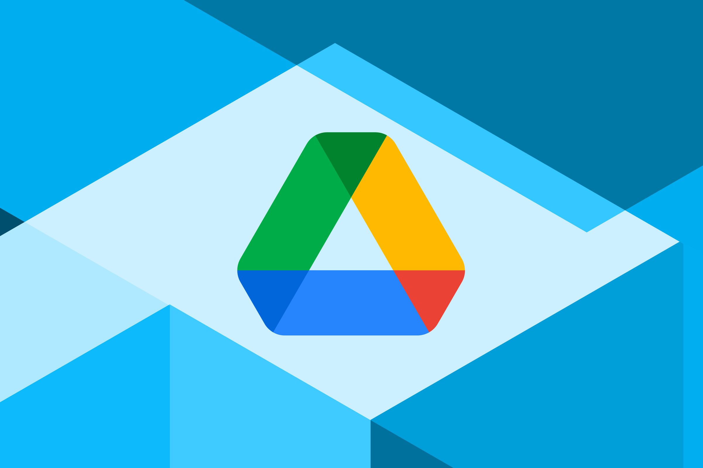 Logo Google Drive dengan latar belakang bentuk geometris dalam berbagai warna biru.