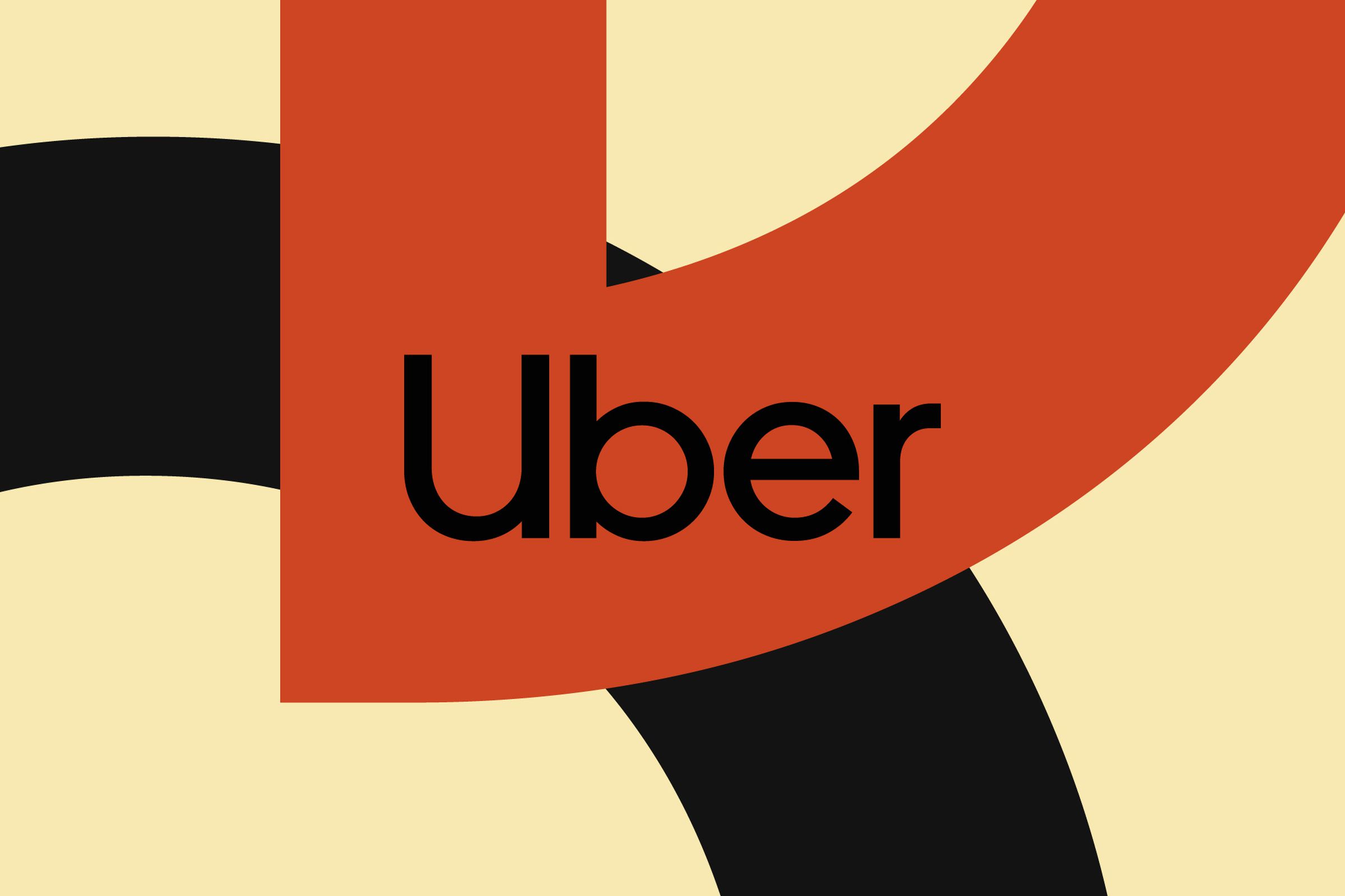 Logo Uber dengan grafis hitam dan merah dengan latar belakang kuning.
