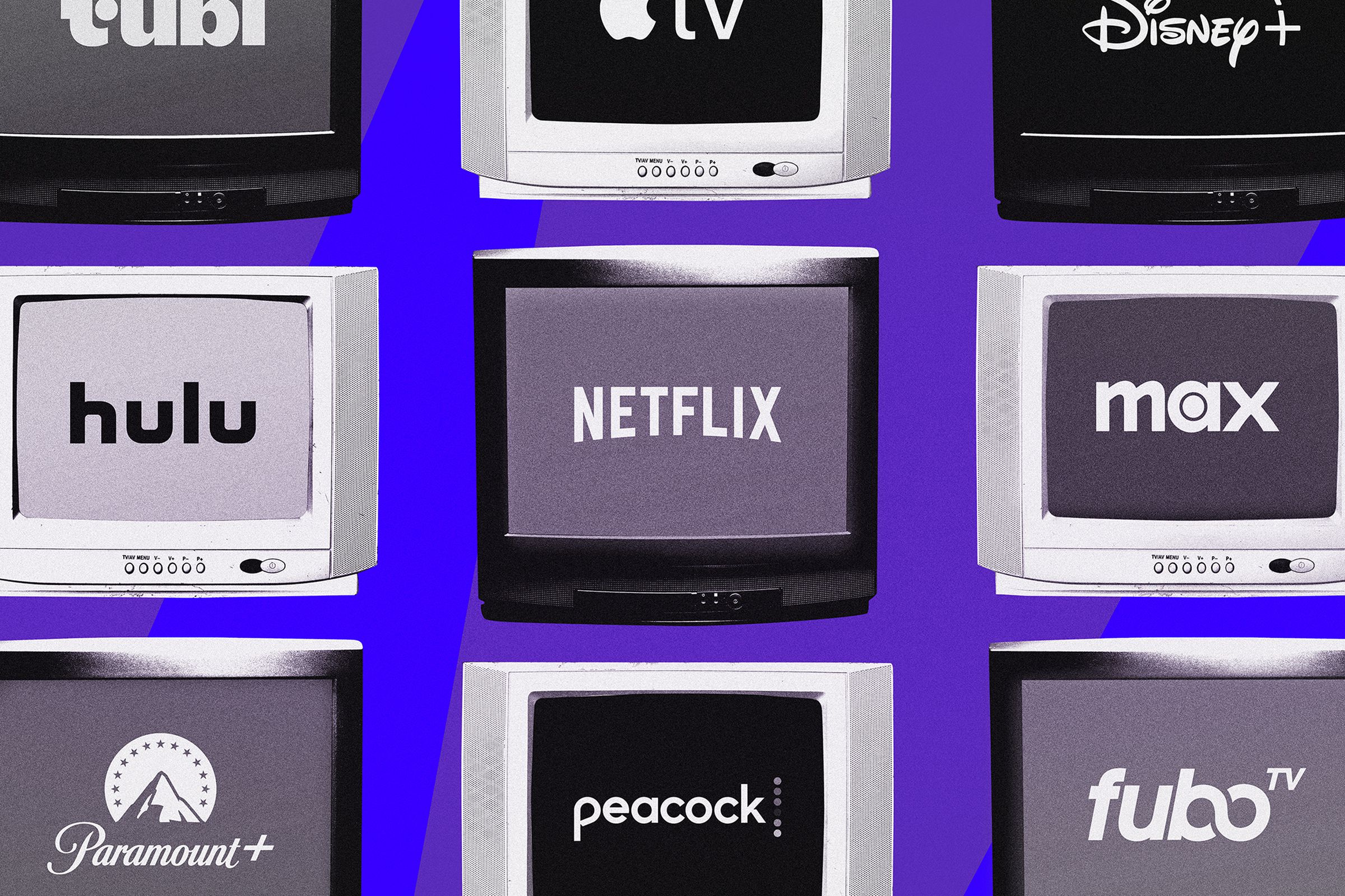 Sebuah gambar grafik beberapa TV yang menampilkan logo layanan streaming