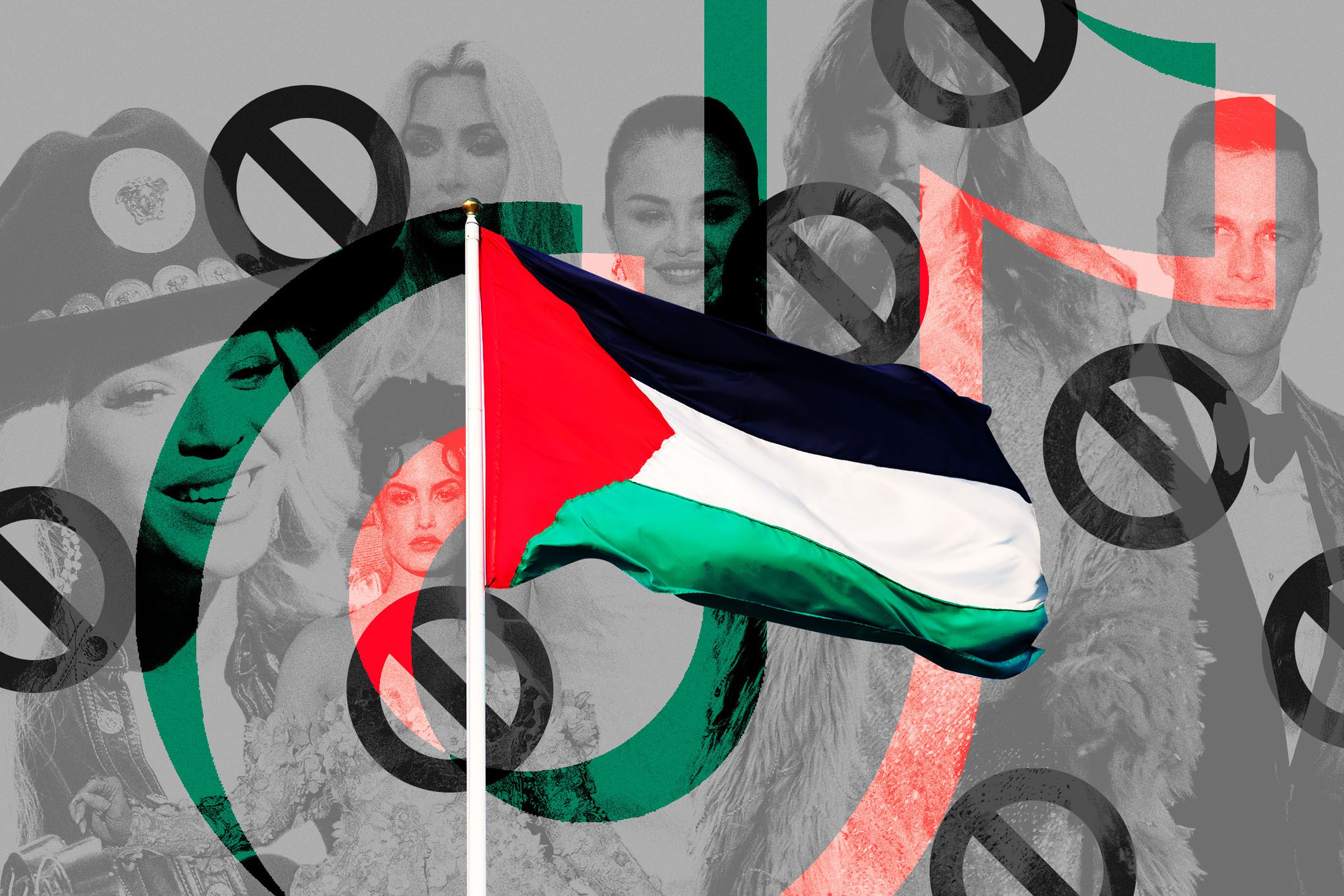 Kolase foto bendera Palestina di depan latar belakang wajah selebriti dan simbol blokir