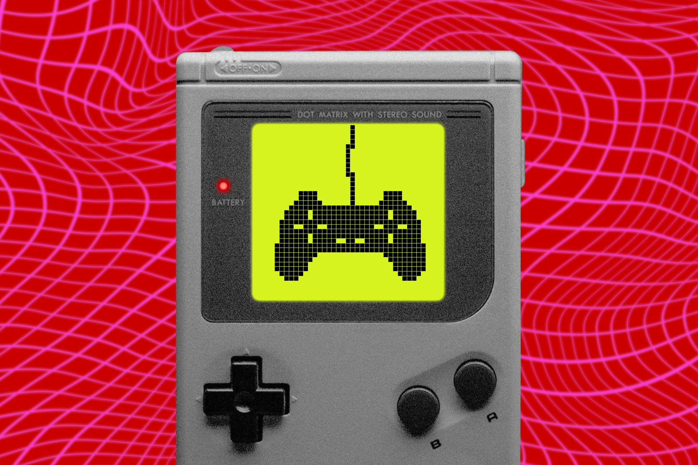 Kolase foto Nintendo Game Boy dengan pengontrol PlayStation di layar.