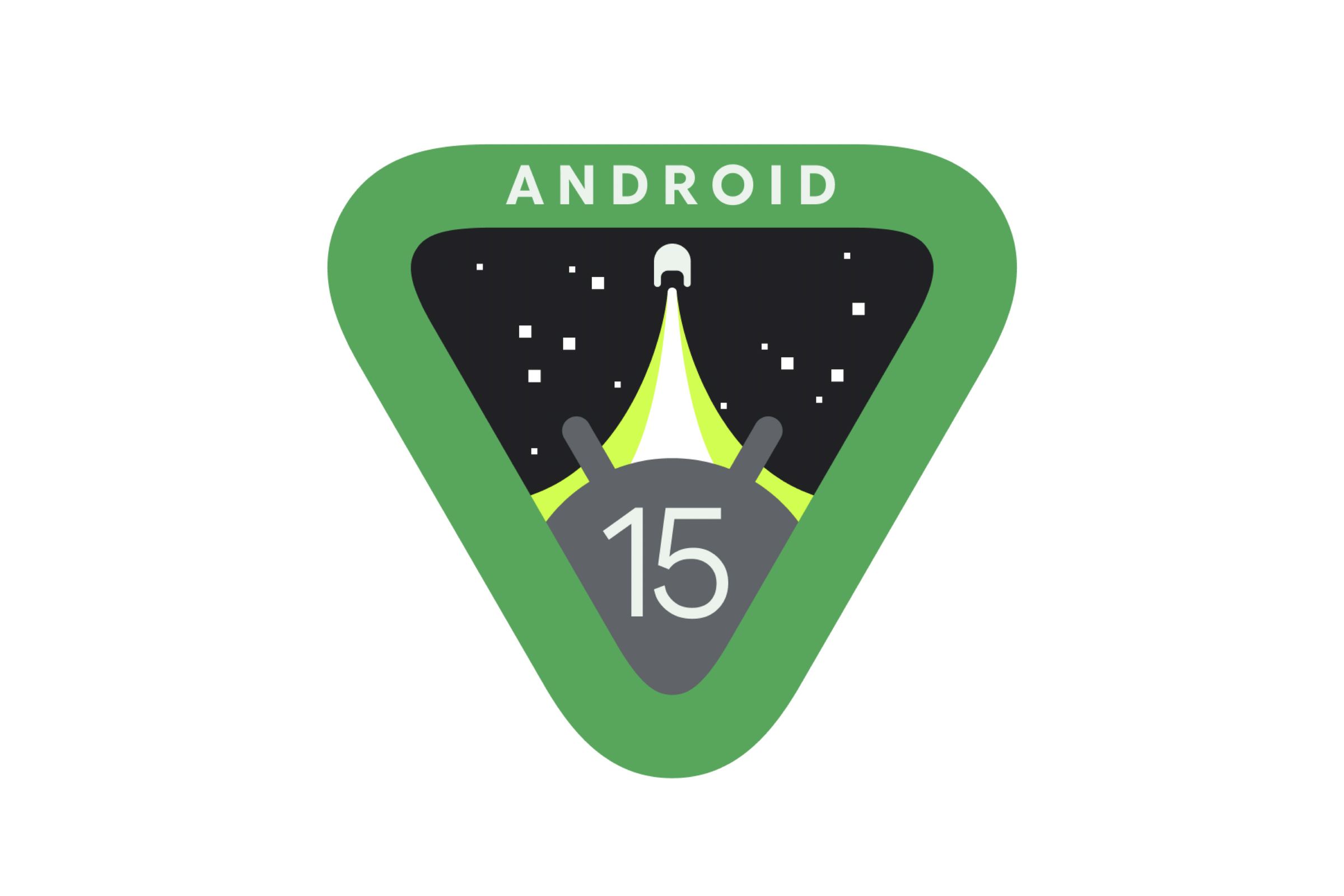 Logo Android 15, segitiga hijau terbalik dengan roket meluncur ke bintang dan karakter Android melihat ke atas