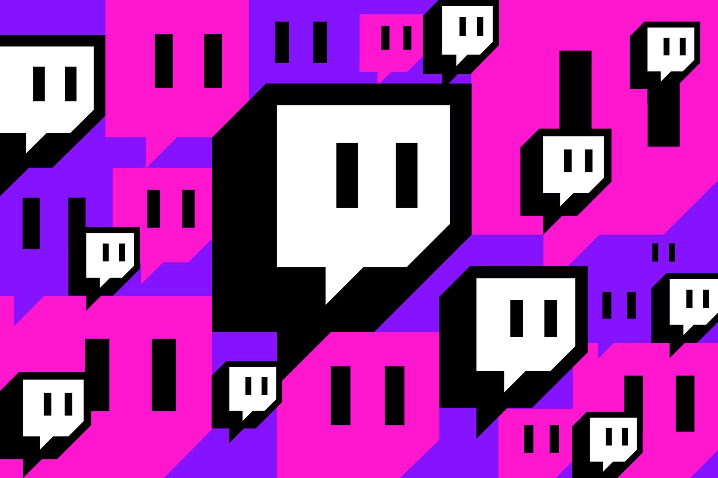 Logo Twitch dengan latar belakang merah muda dan ungu.