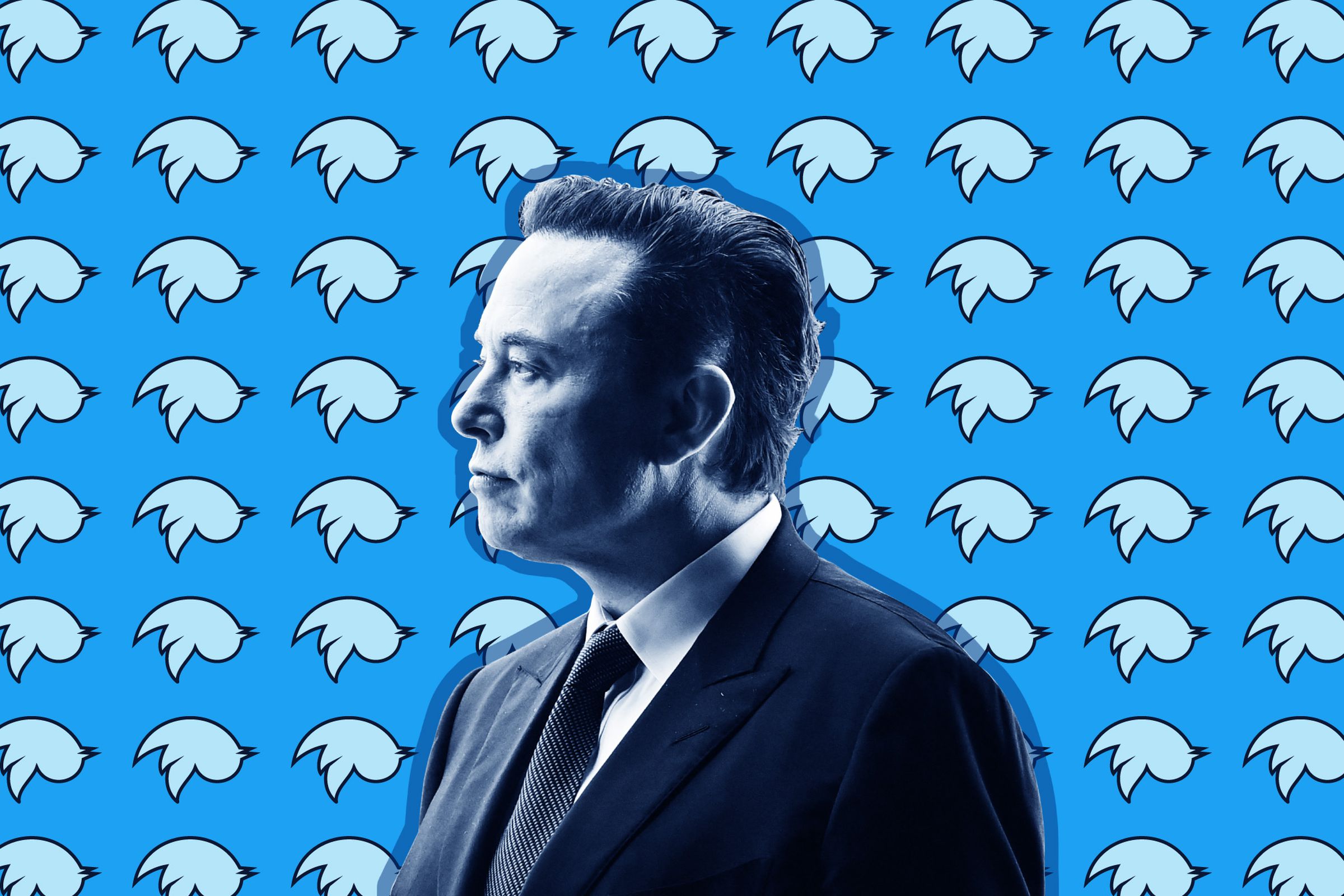 Elon Musk di depan logo Twitter.