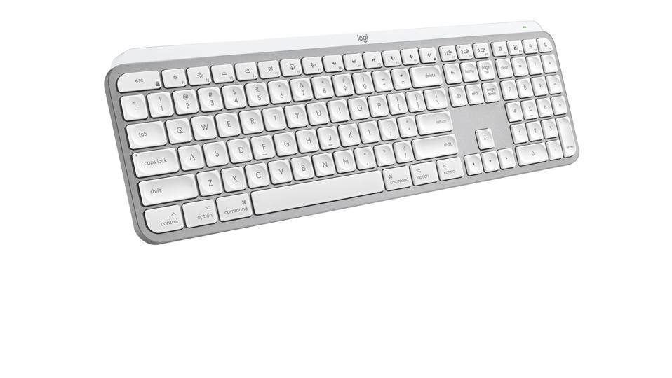Logi MX Keys S for Mac tersedia dalam warna Pale Grey dan Space Grey dengan layout khusus macOS, termasuk tombol angka dan tombol media