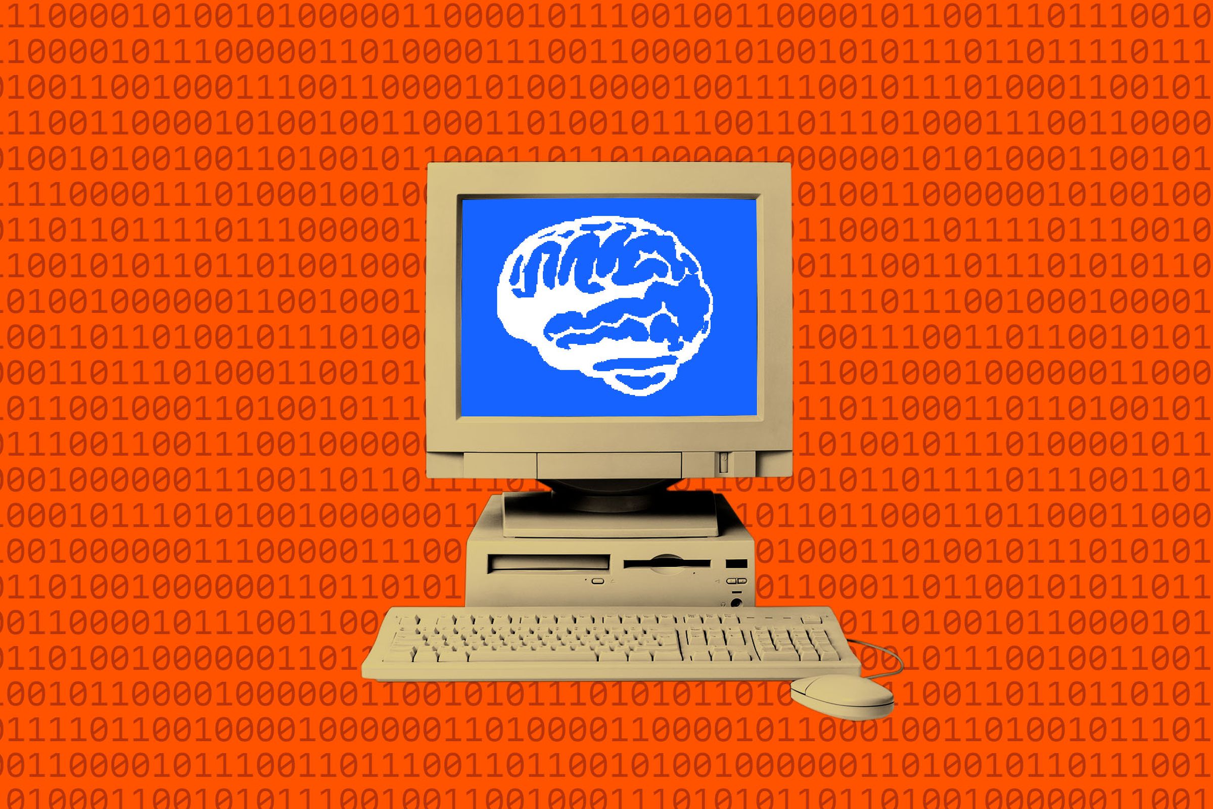 Ilustrasi foto komputer dengan otak di layar.