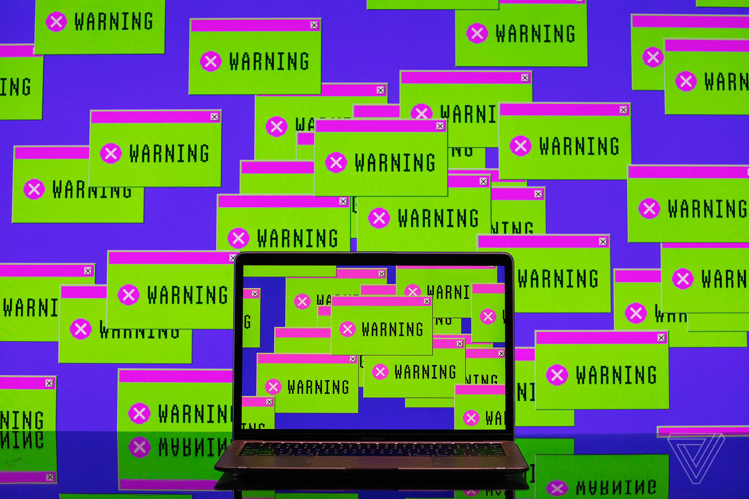 Sebuah laptop dikelilingi oleh kotak pesan hijau dan merah muda bertuliskan \