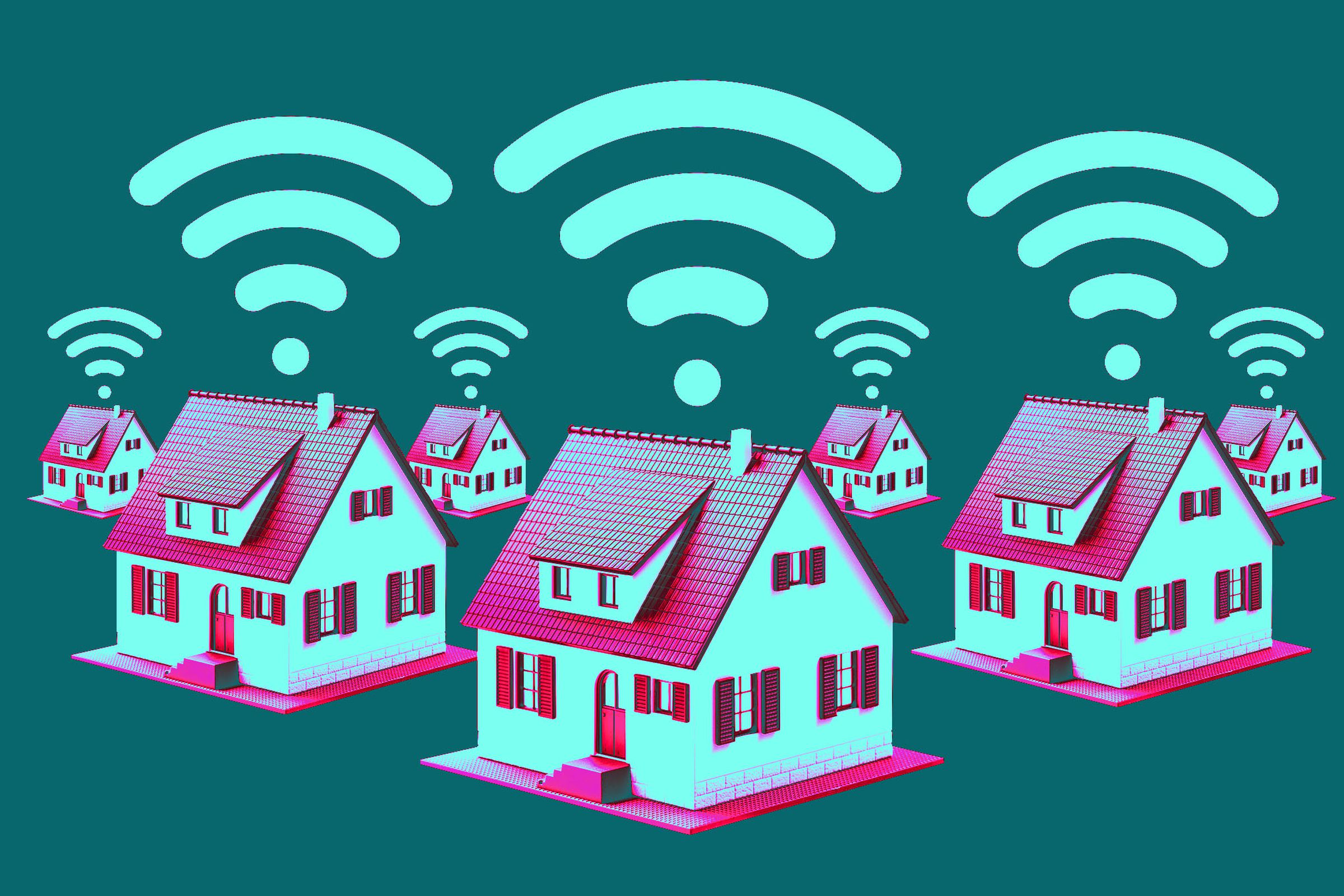 Ilustrasi rumah-rumah dengan simbol Wi-Fi.