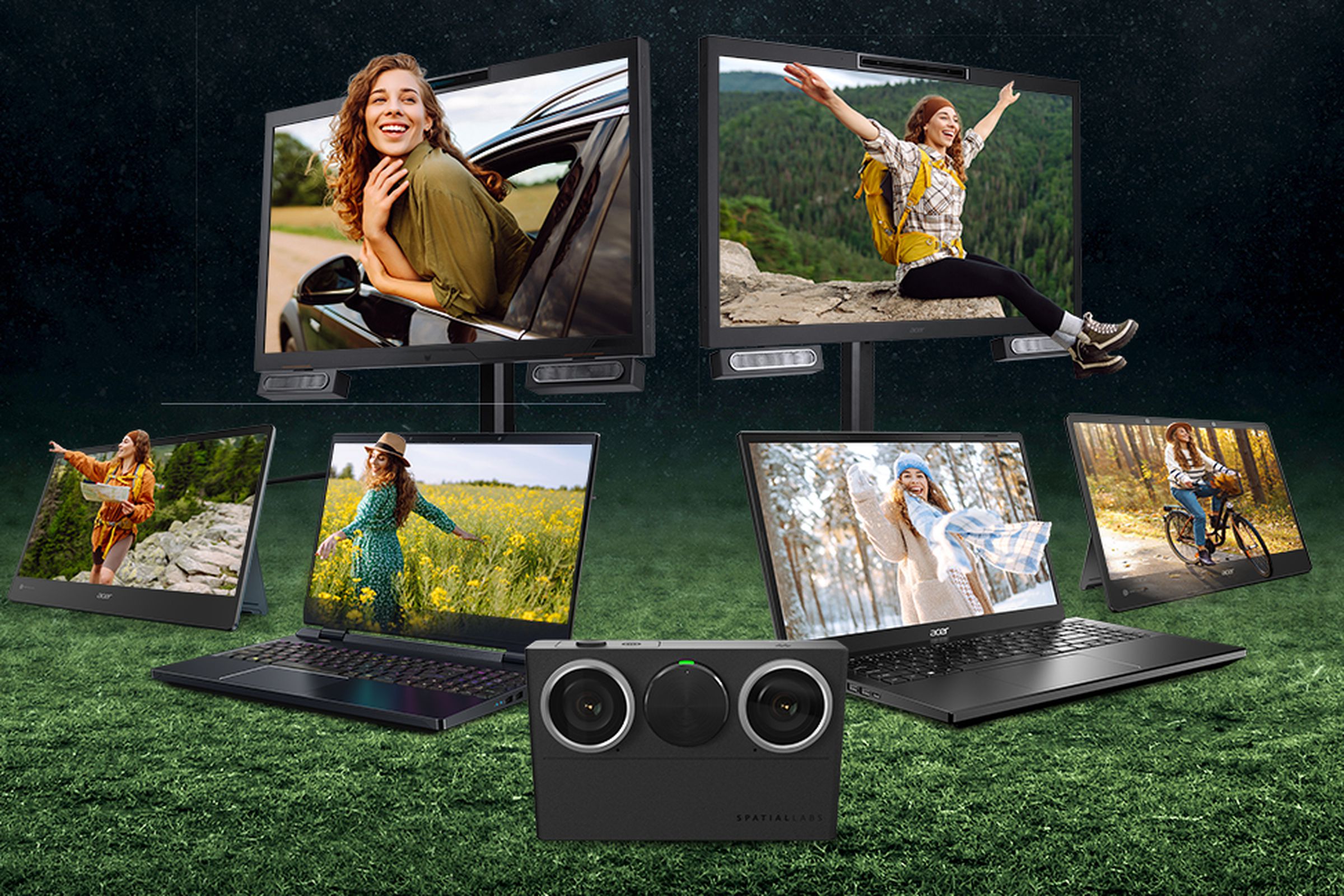 Kamera 3D SpatialLabs Eyes dari Acer dipamerkan di depan berbagai perangkat SpatialLabs.