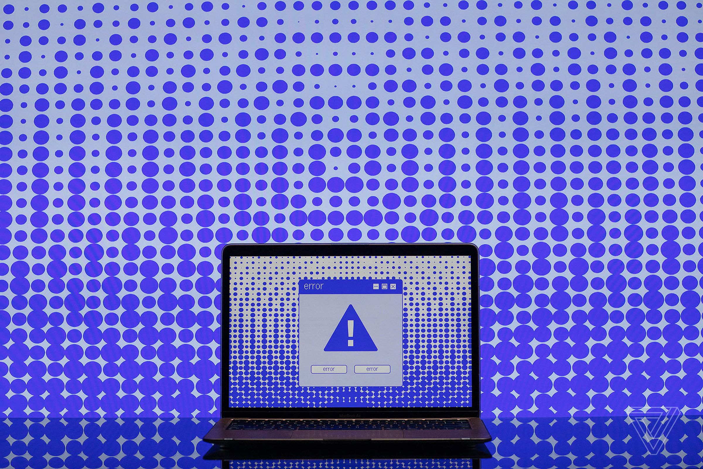 Ilustrasi layar komputer dengan tanda seru biru dan kotak kesalahan.